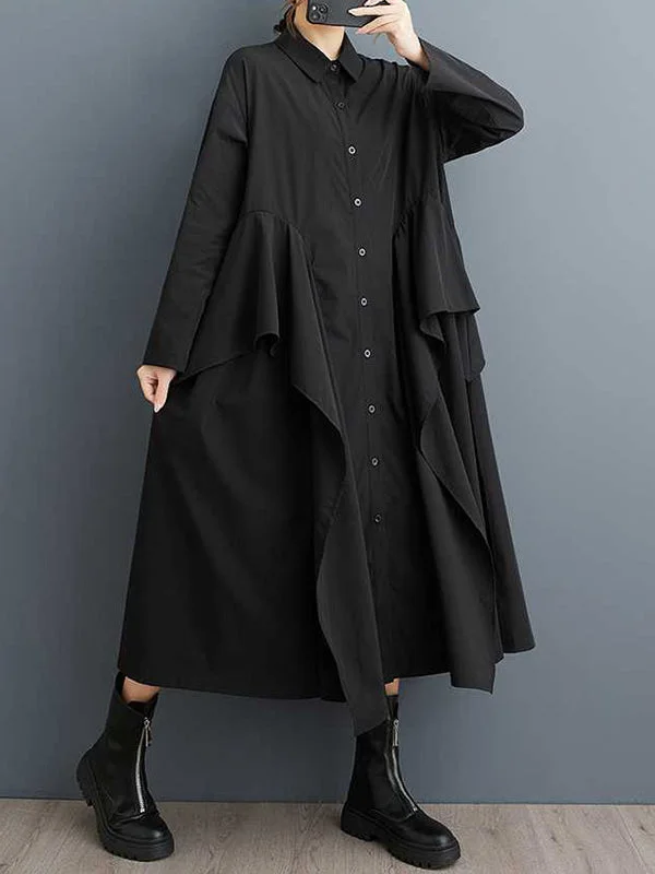 Unique Black Lapel Buttoned Patchwork Ruffle Trim Long Sleeve Dress