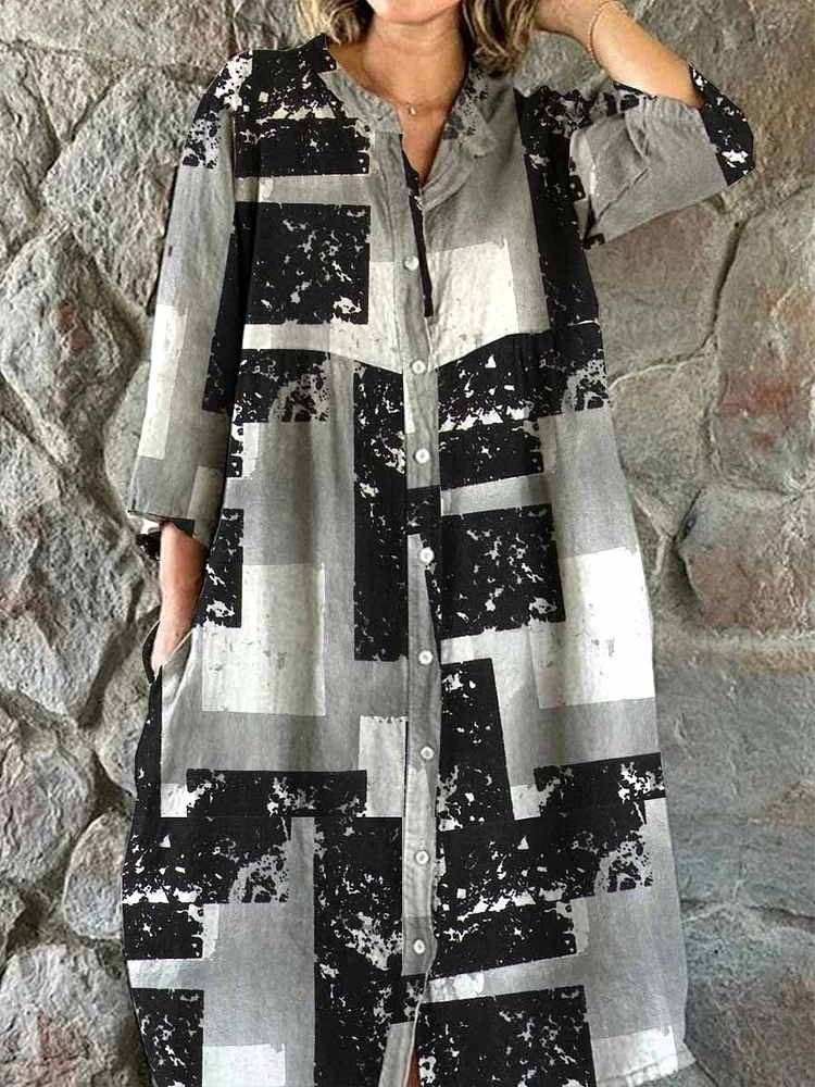 Women's Art Brushwork Pattern Shirt Cotton and Linen Dress with Pockets