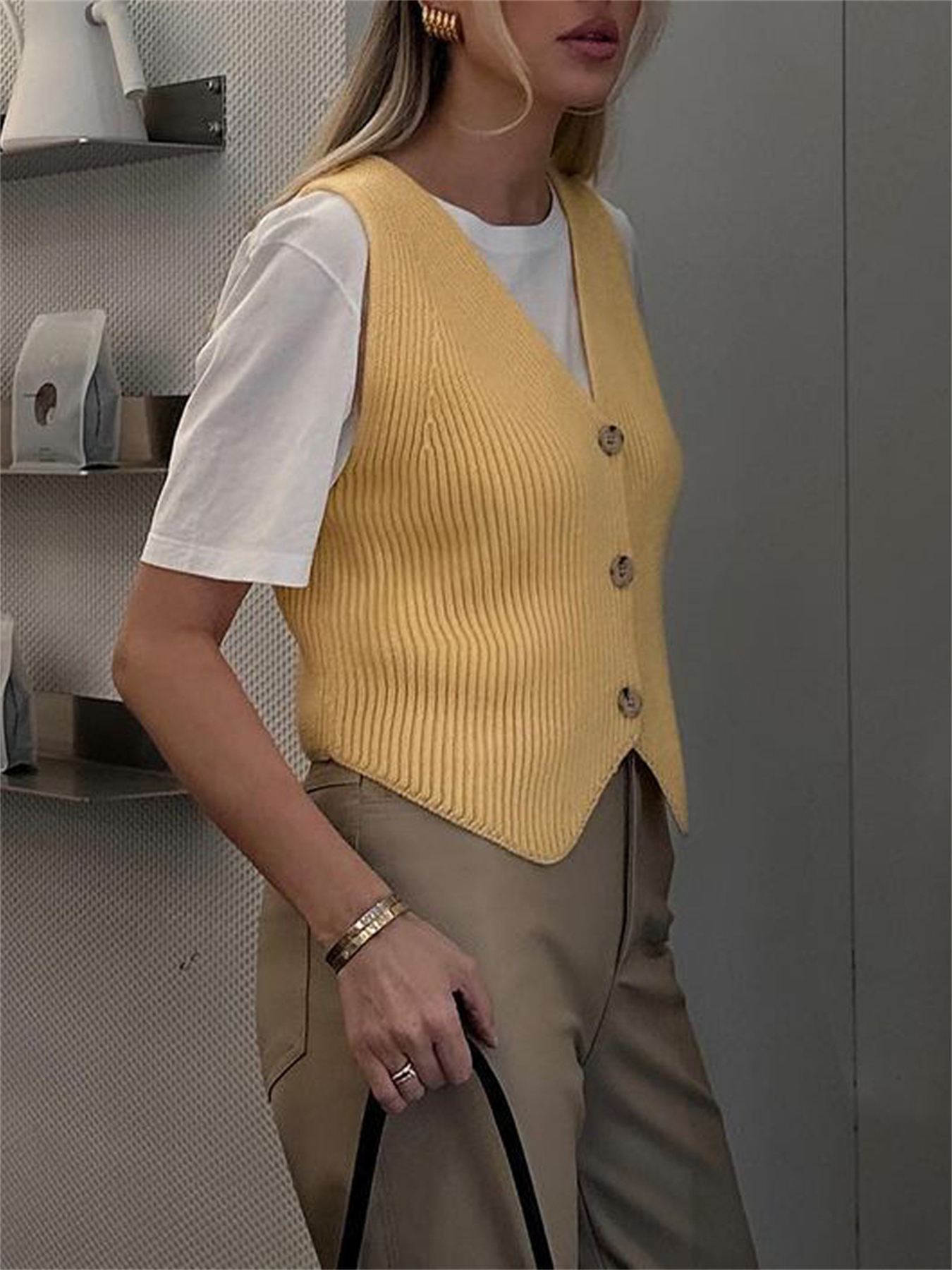 Ootddress Knit Casual Ribbed Vest Cardigan For Women Solid Slim V-Neck Sleeveless High Waist Outwear Female Loose Knit Vest Sweater