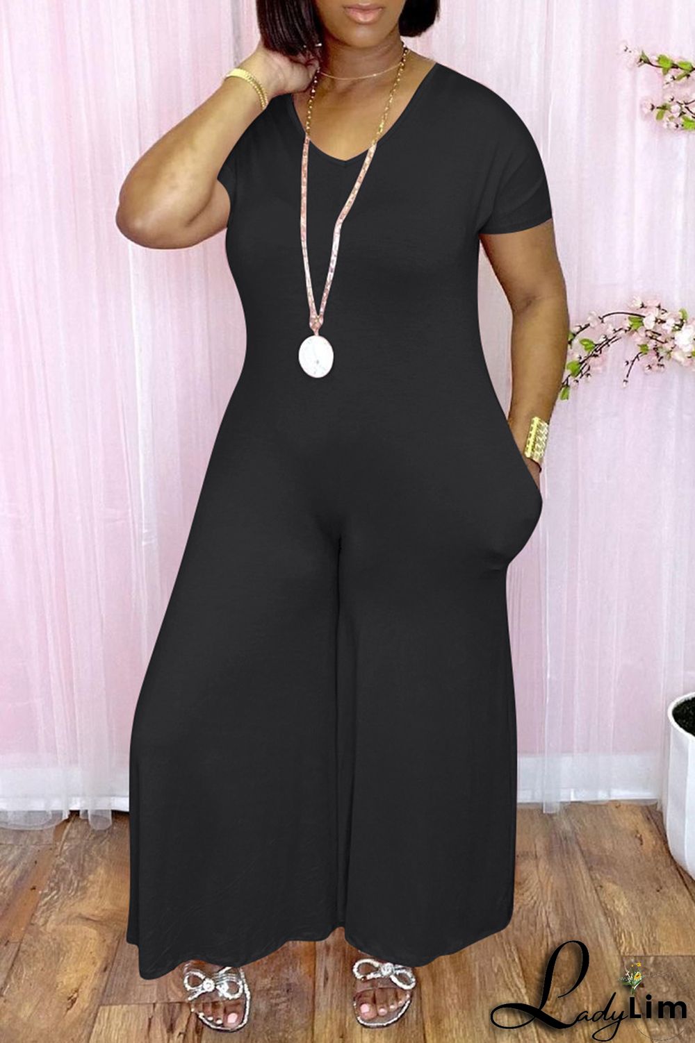 Pink Fashion Casual Solid Patchwork V Neck Regular Jumpsuits