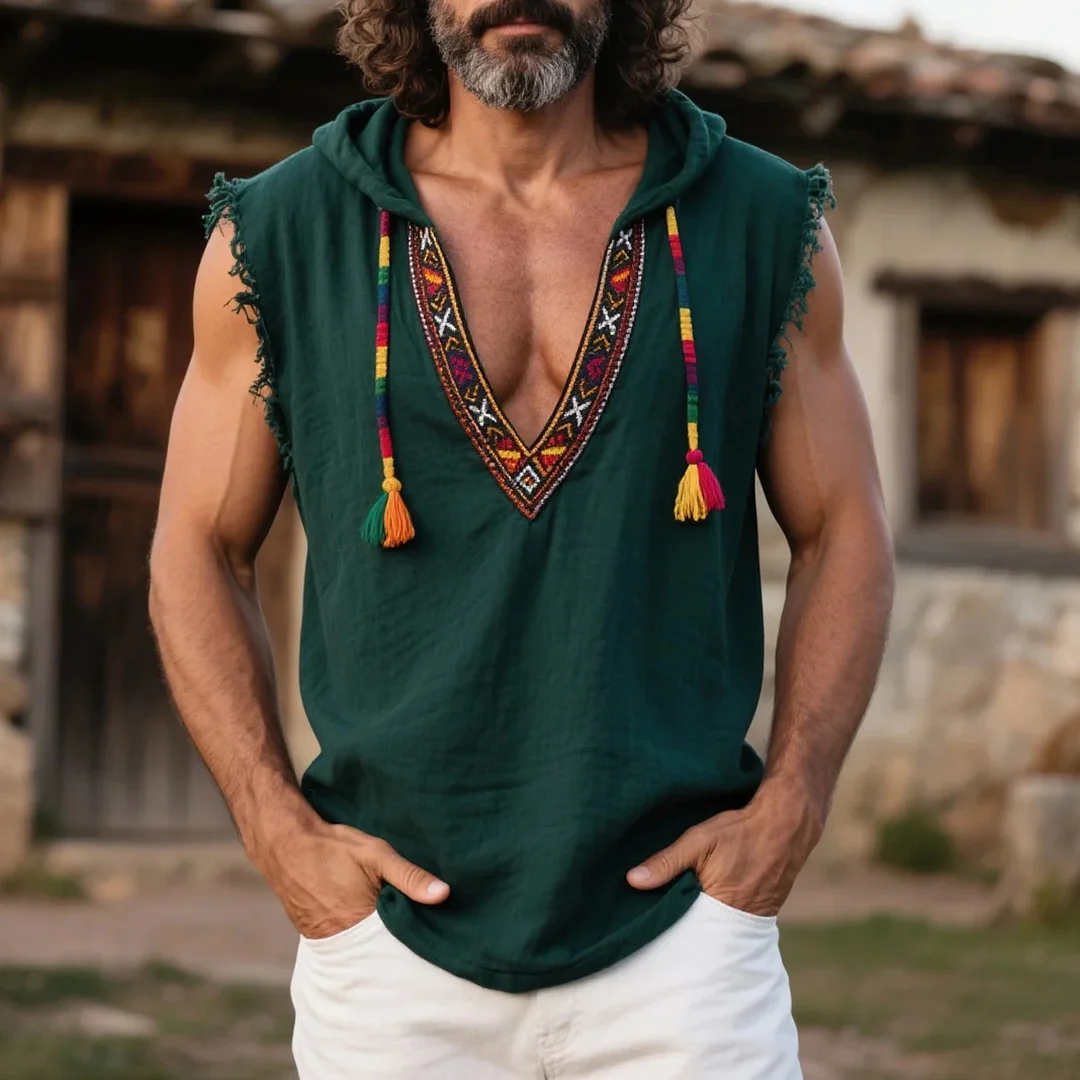  Bohemian Embroidered Sleeveless Hoodie for Men - Perfect for Summer Festivals and Casual Outings-inspireuse