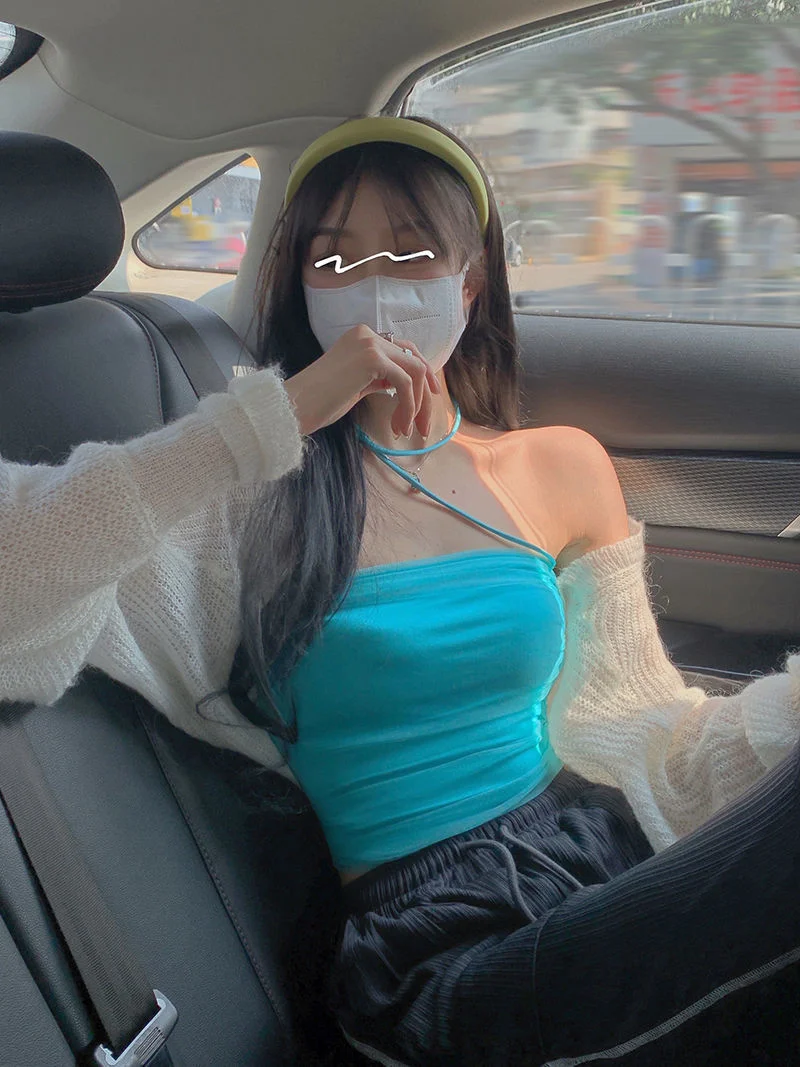 Uveng Uveng Neck Top Female Pure Lust Wind Hot Girl Tight Short Mesh Yarn Irregular Sling Vest Set On The Bottom Shirt Summer