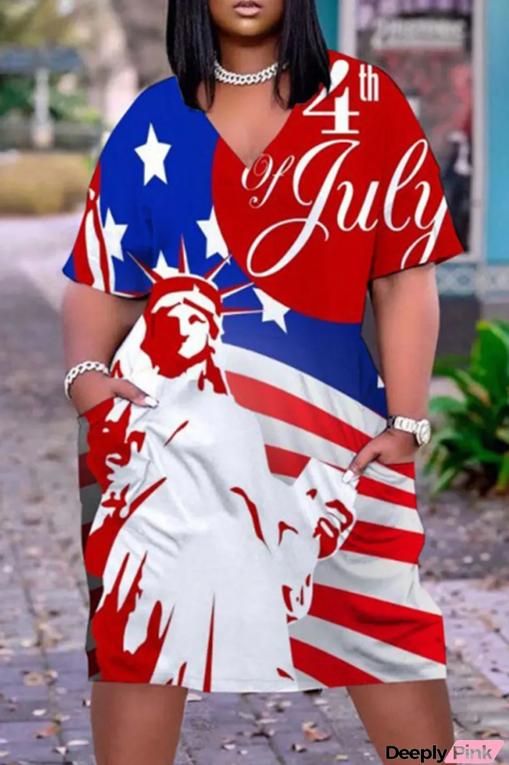 Red White Casual Gradual Change Print Pocket V Neck Straight Dresses