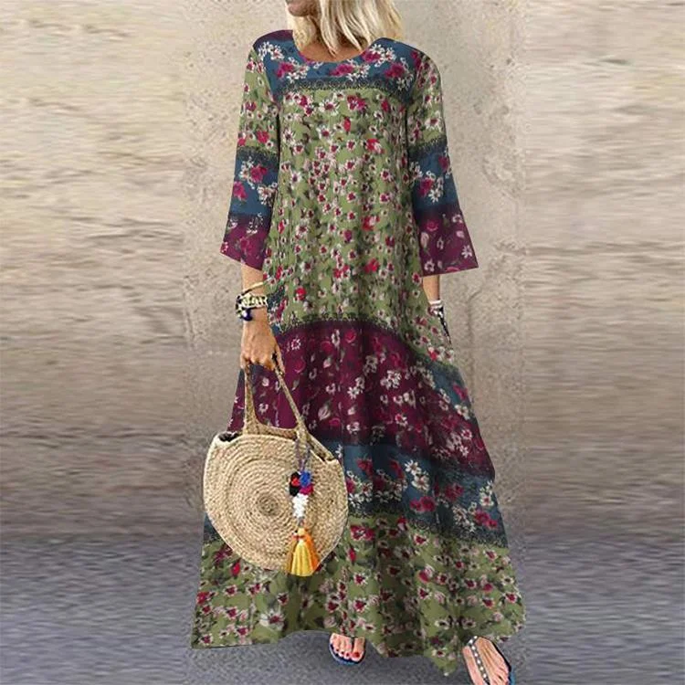 Vintage Printed Maxi Dress Women's Spring/Autumn Sundress