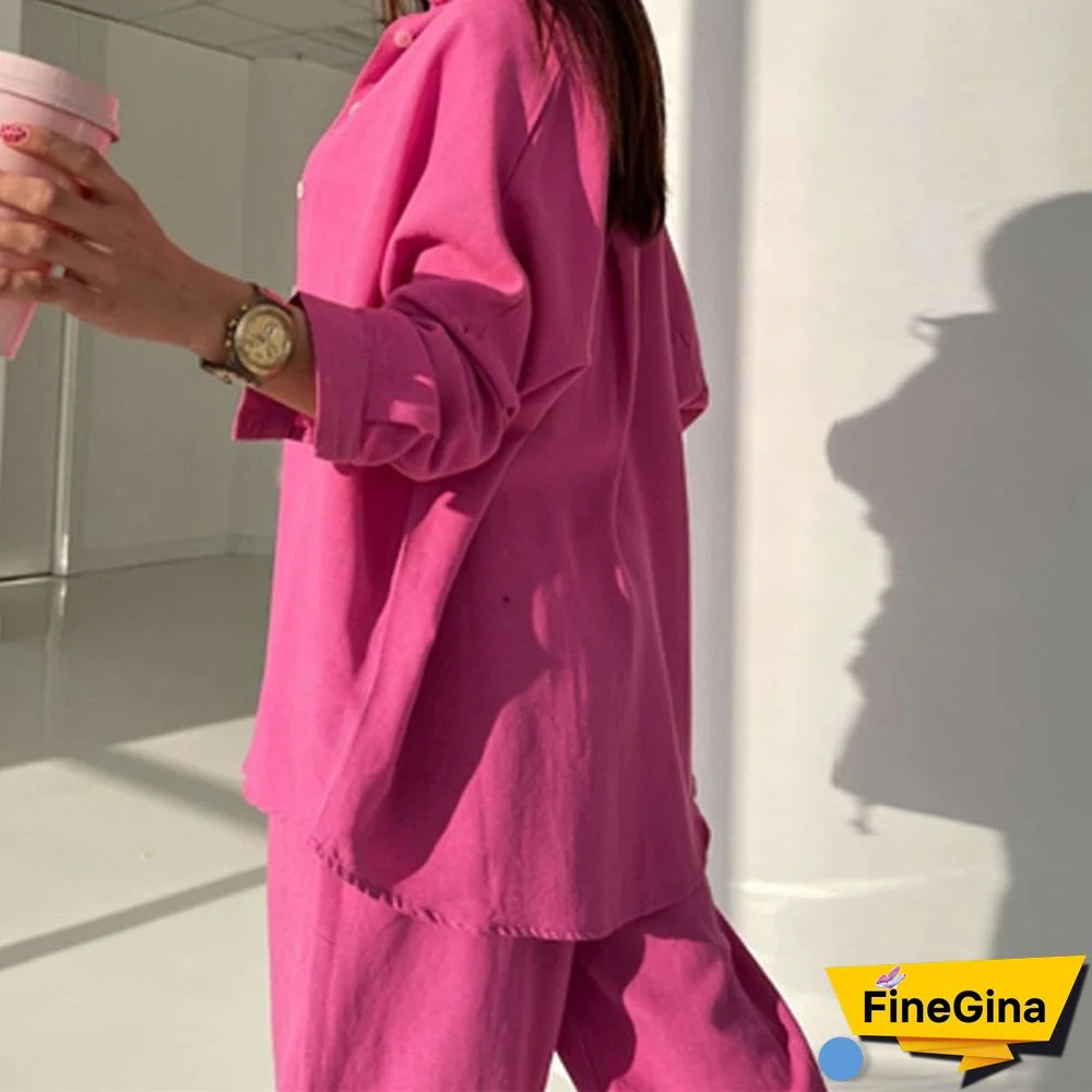 Fashion Street Solid Color Women Tracksuits Outfits Casual Suits Autumn Lapel Long Sleeve Shirt Tops + Harem Pants Two Piece Set