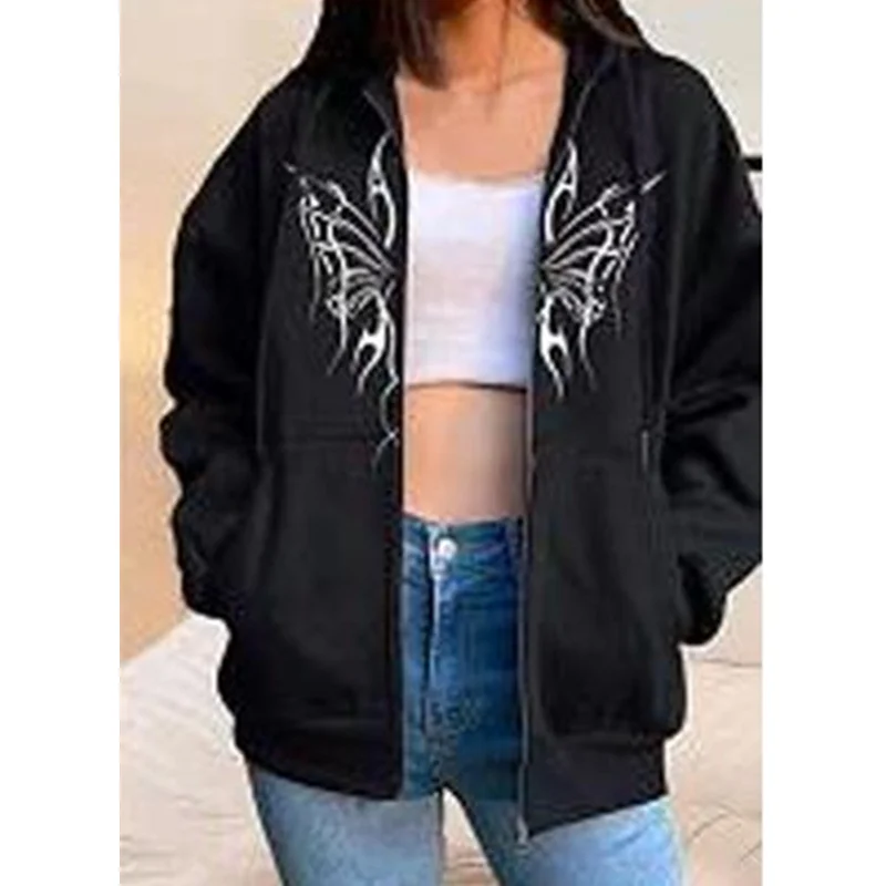 Butterfly Jacket For Women Fairy Grunge Long Sleeve Coat Y2k Ladies Hooded Tops With Pockets E Girl Clothes