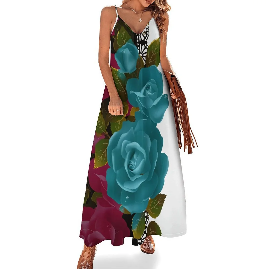 Style & Comfort for Mature Women Plus Size Printed Sling Casual Women Maxi Dress in Pattern Turquoise, Floral, Rose