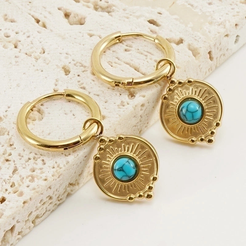1 Pair Retro Round Water Droplets Snake Inlay 304 Stainless Steel Artificial Gemstones Turquoise 18K Gold Plated Stainless Steel Earrings