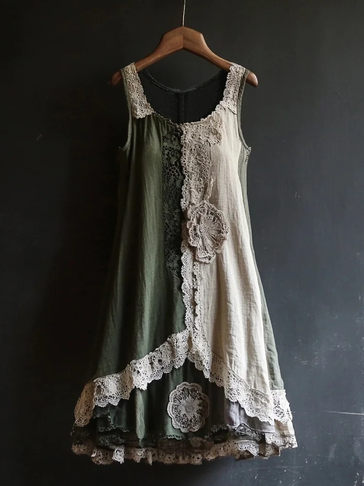 Vintage Lace Patchwork Comfy Linen Tank Dress