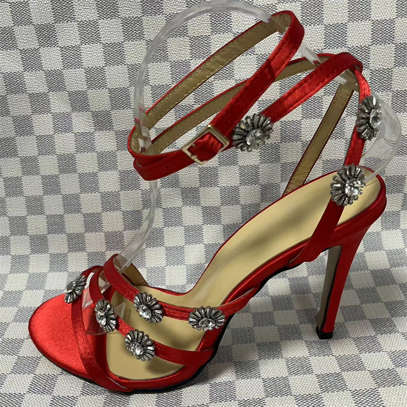 Jeweled Sunflower Embellishment Sandals Women 10cm Stiletto Heel Satin Narrow Band Ankle Strap Shoes