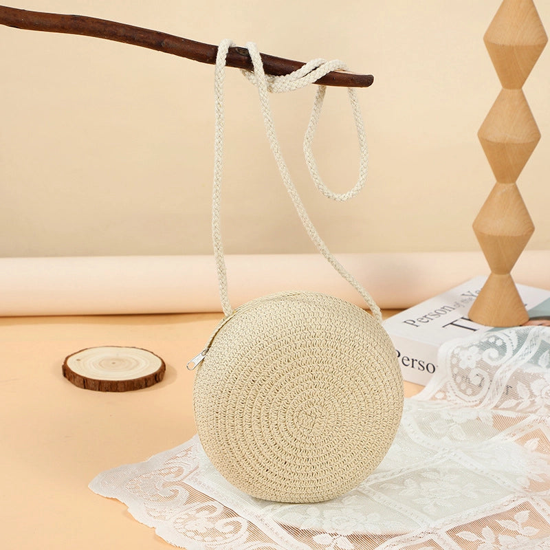 Girl’S Straw Solid Color Cute Round Zipper Shoulder Bag
