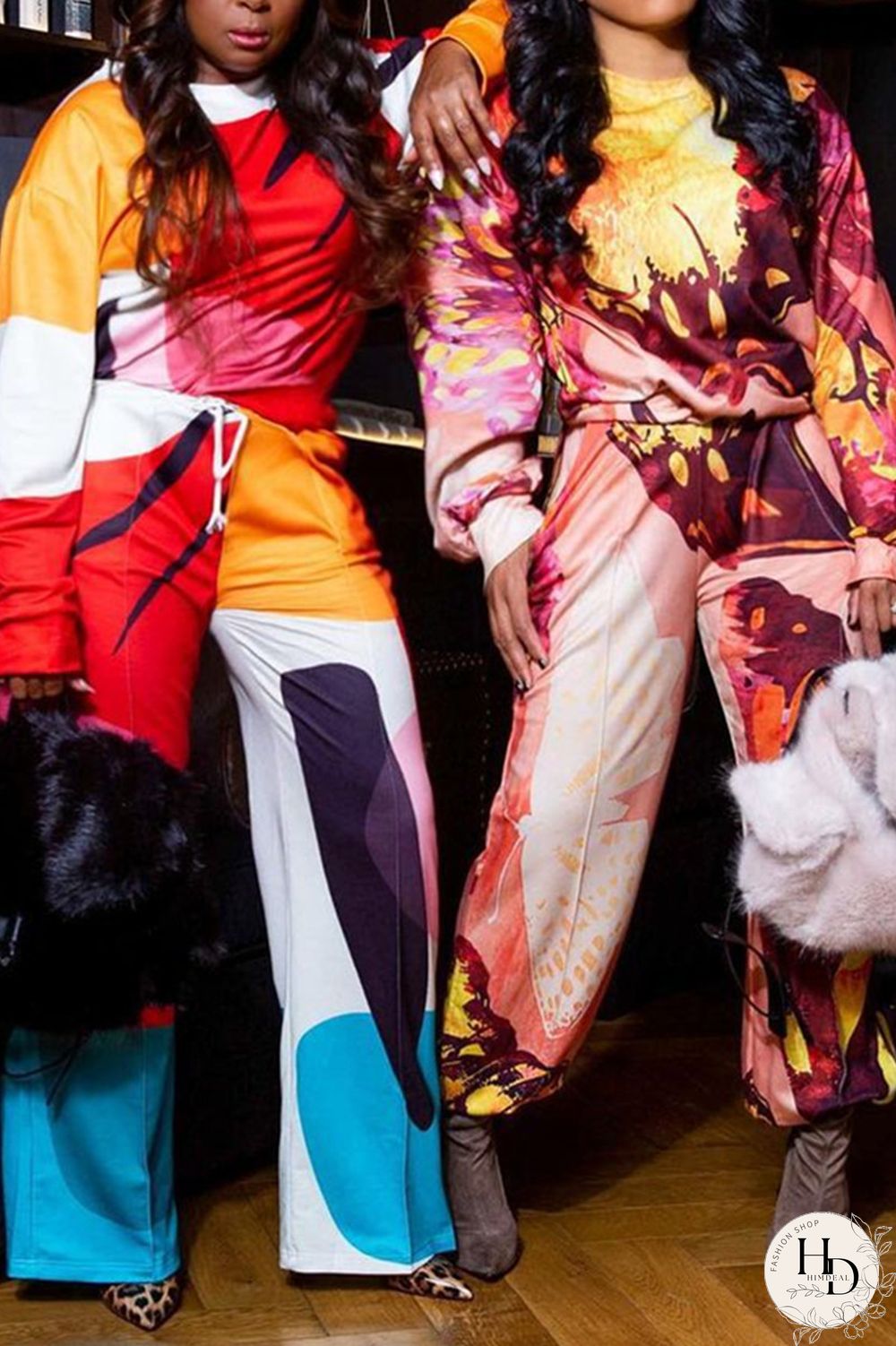 Rose Red Fashion Casual Print Basic O Neck Long Sleeve Two Pieces