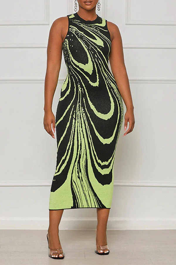 Hit Color Ripple Print Casual Midi Dress