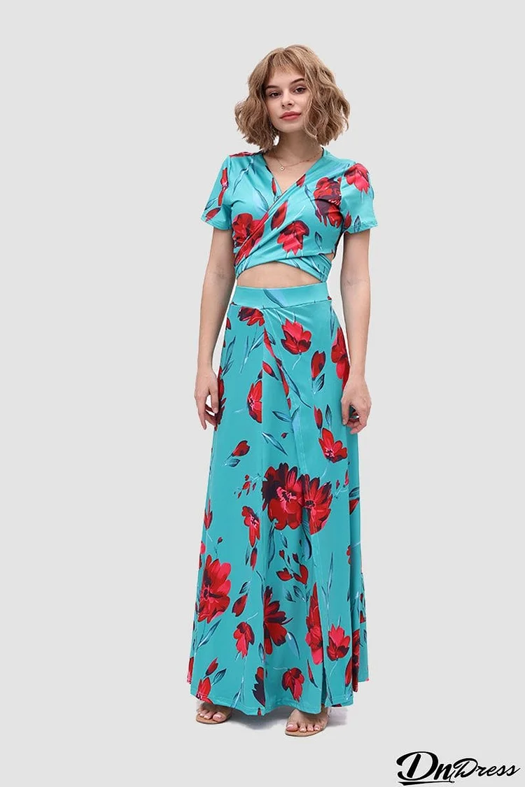 V-neck Allover Floral Side Slit Two-Piece Dress