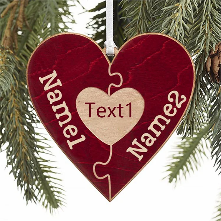 Heart Puzzle Ornament Personalized 2 Names Wooden Family Ornament