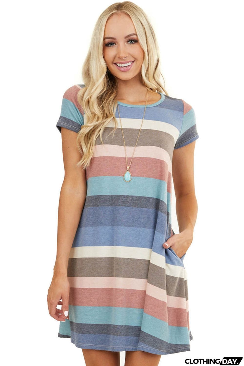 Multicolor Striped Pocket T Shirt Dress