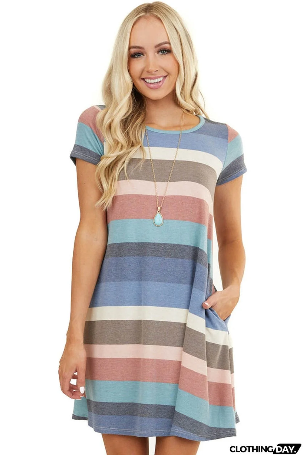 Multicolor Striped Pocket T Shirt Dress