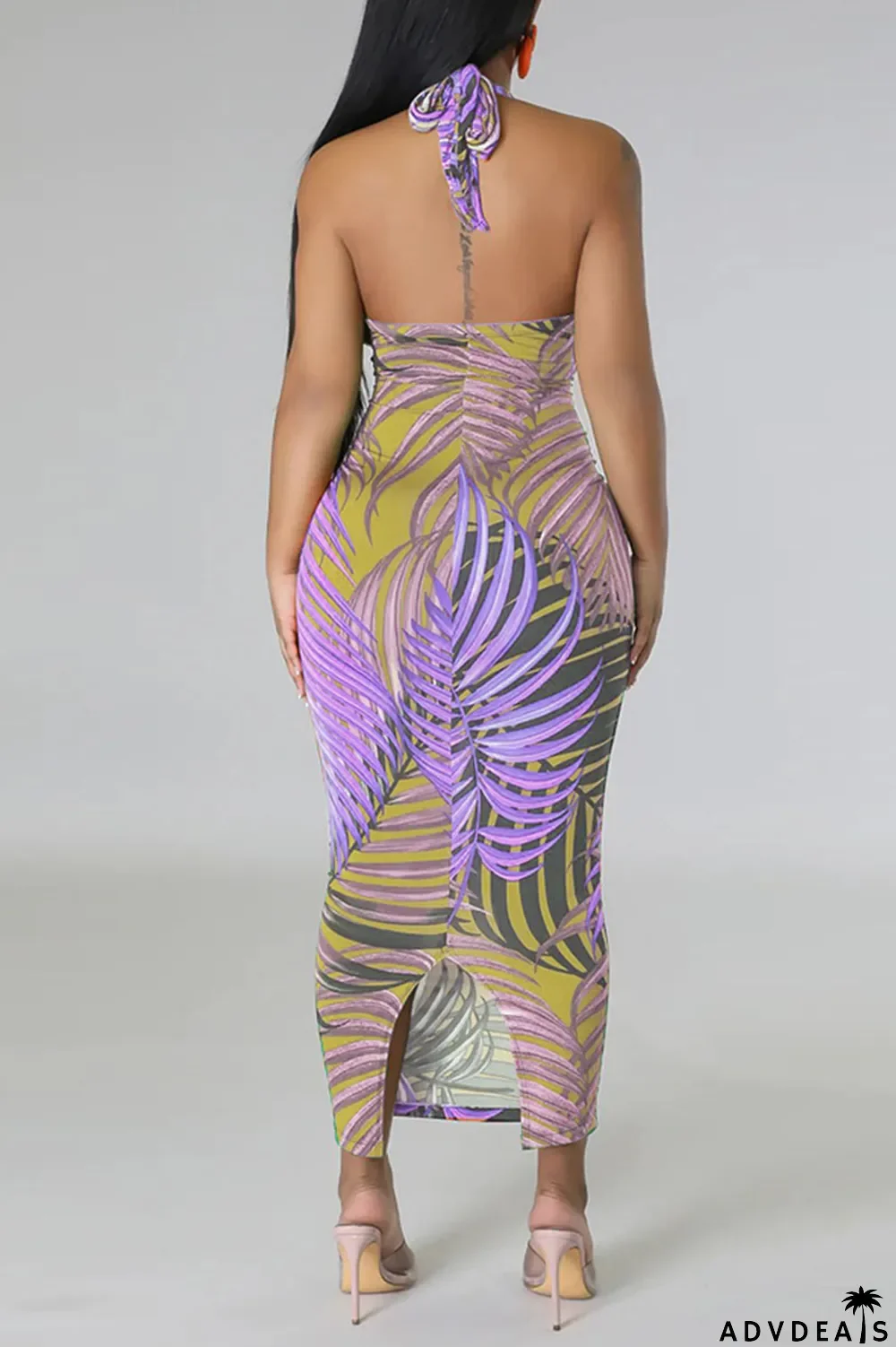 Green Sexy Print Bandage Patchwork Backless Halter Pencil Skirt Dresses