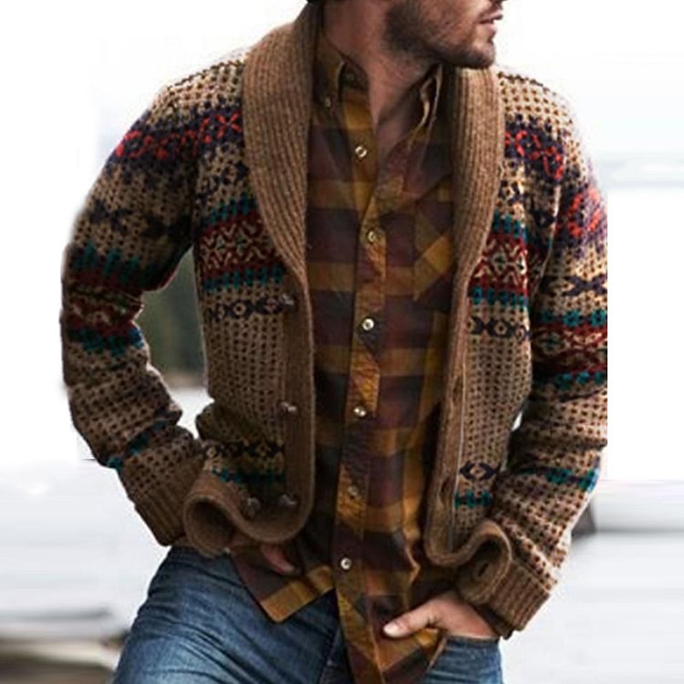 Lapel Button Mid-Length Geometric Winter Men's Sweater