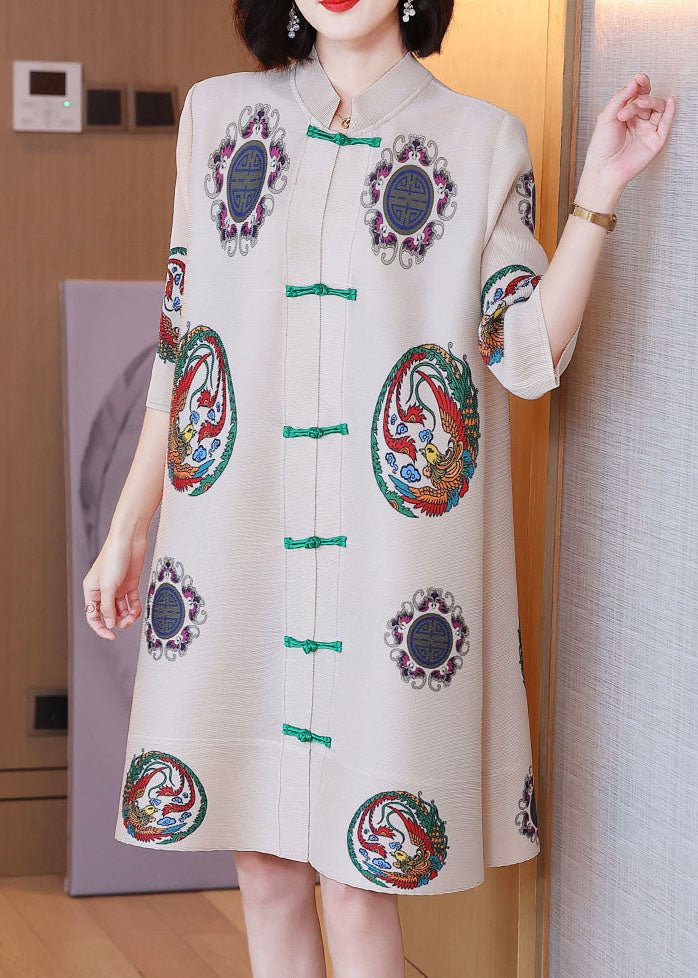 Apricot Print Chiffon A Line Dresses Oriental Button Half Sleeve