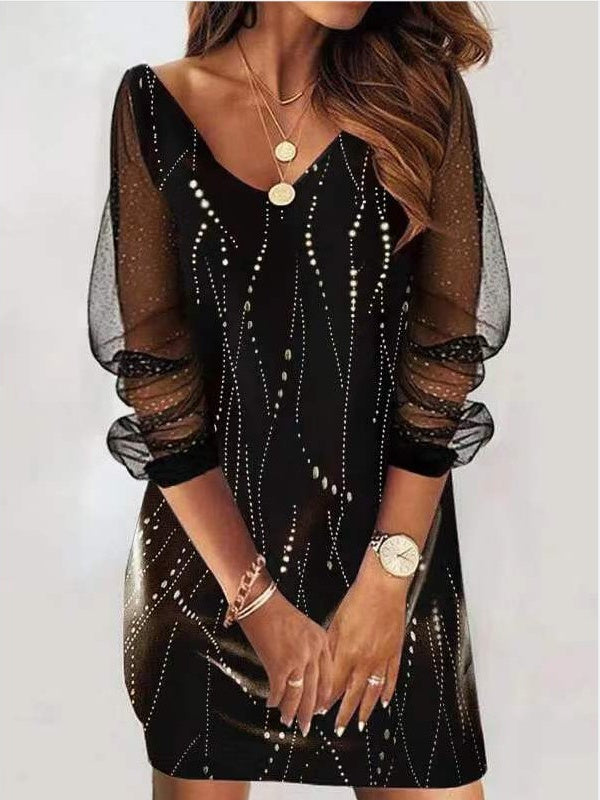 Women's Long Sleeve V-neck Stitching Graphic Midi Dress