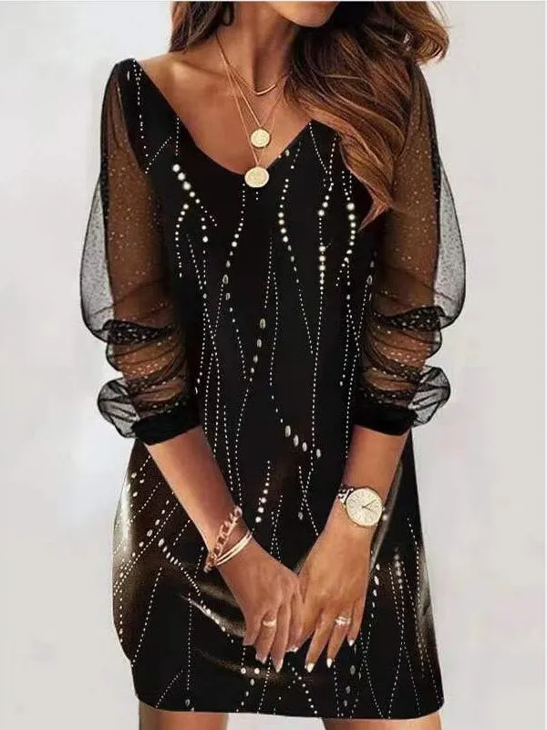 Women's Long Sleeve V-neck Stitching Graphic Midi Dress