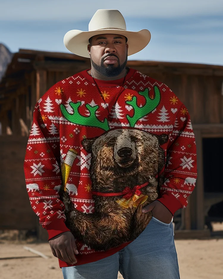 Men's Plus Size Christmas Brown Bear Corner Outdoor Camping Long Sleeve Sweatshirt