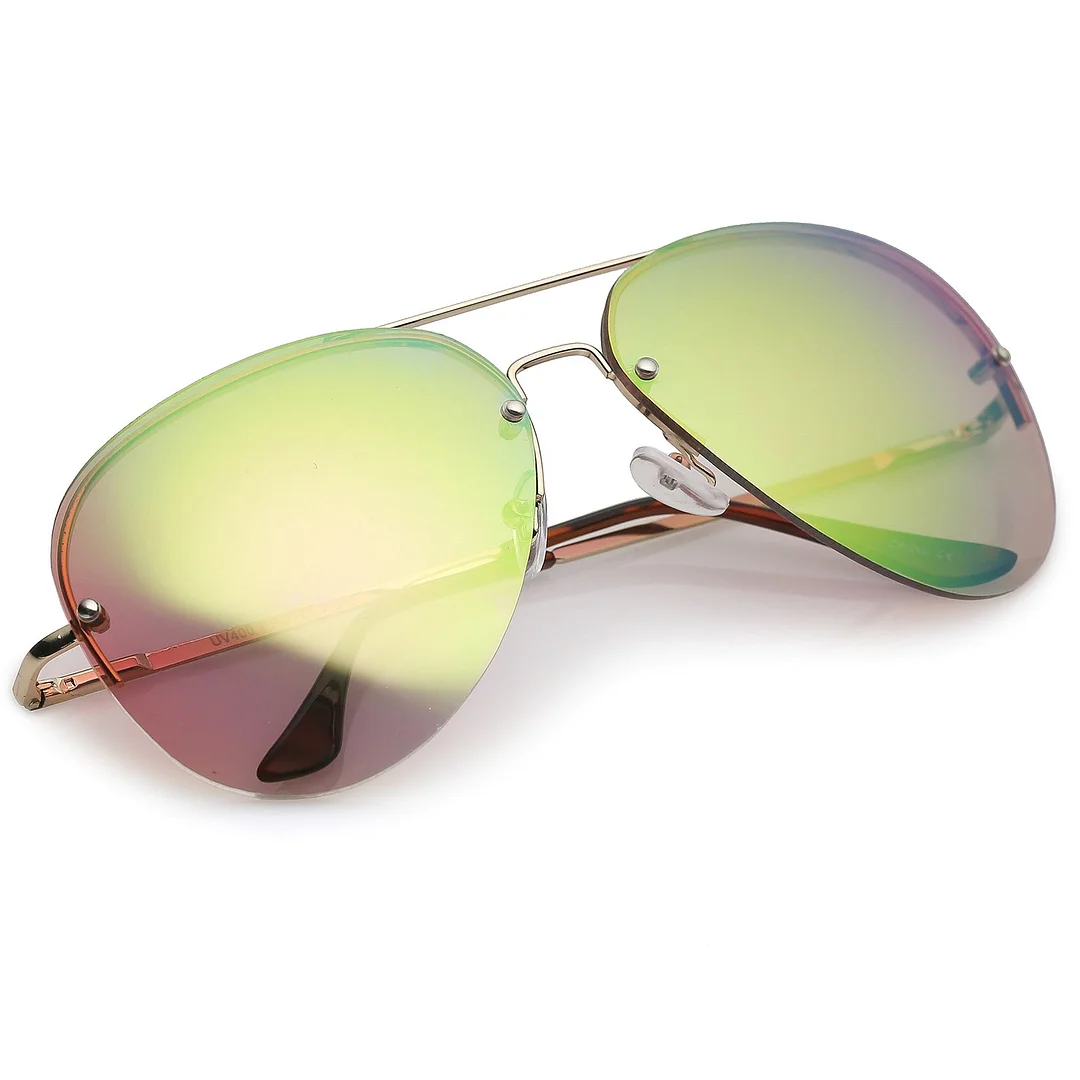 Oversize Rimless Aviator glasses Teardrop Mirrored Lens Metal Slim Arms 65mm