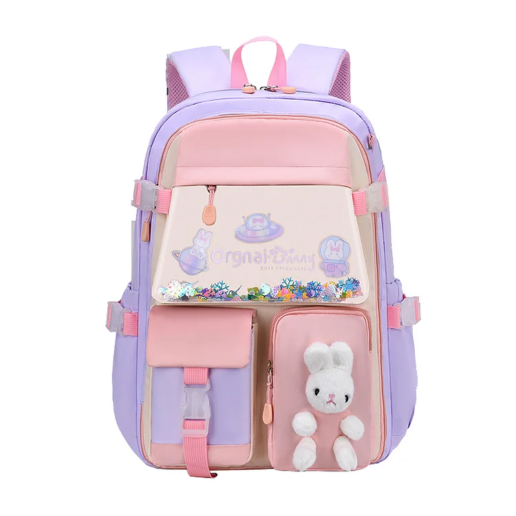 Cute Cartoon Bunny Backpack Girl Kindergarten Princess Schoolbag (L Purple)