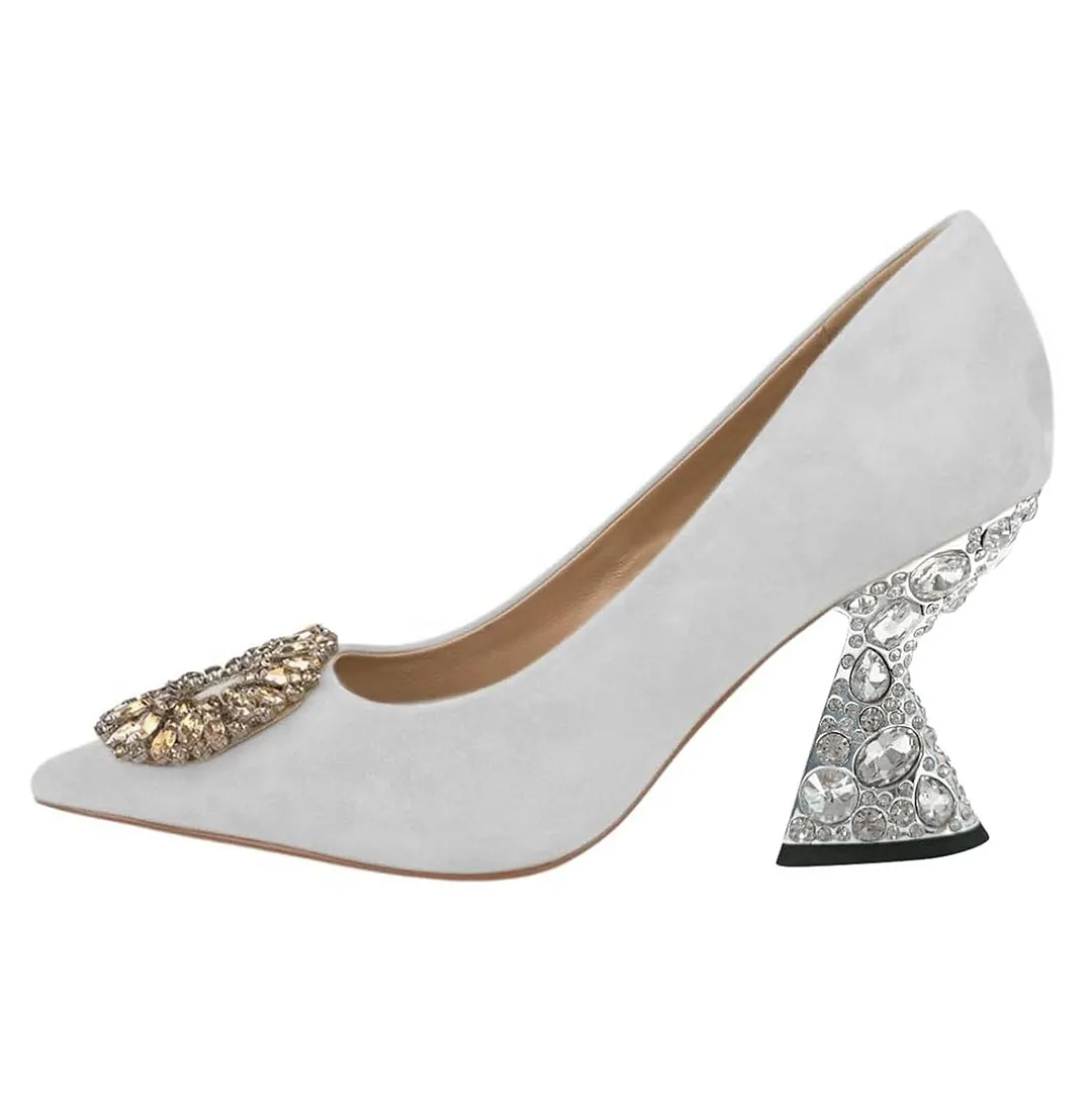White Vegan Suede Rhinestone Decor Sculptural Heel Pumps Shoes
