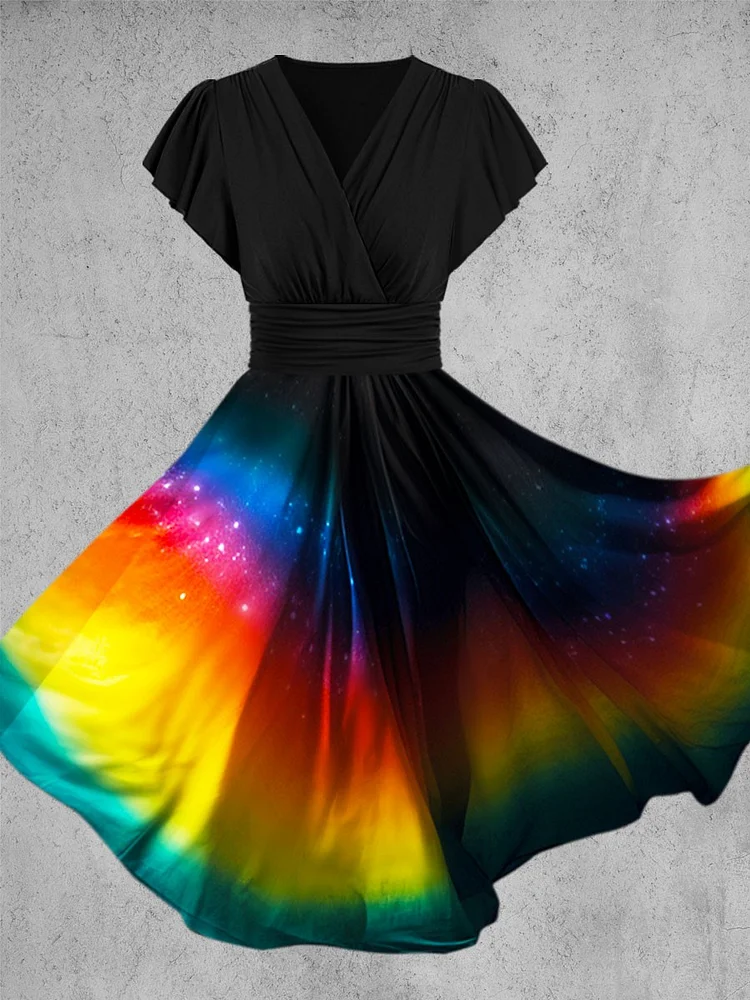 Women's Rainbow Gradient Flounce Sleeve Maxi Dress With Pocket