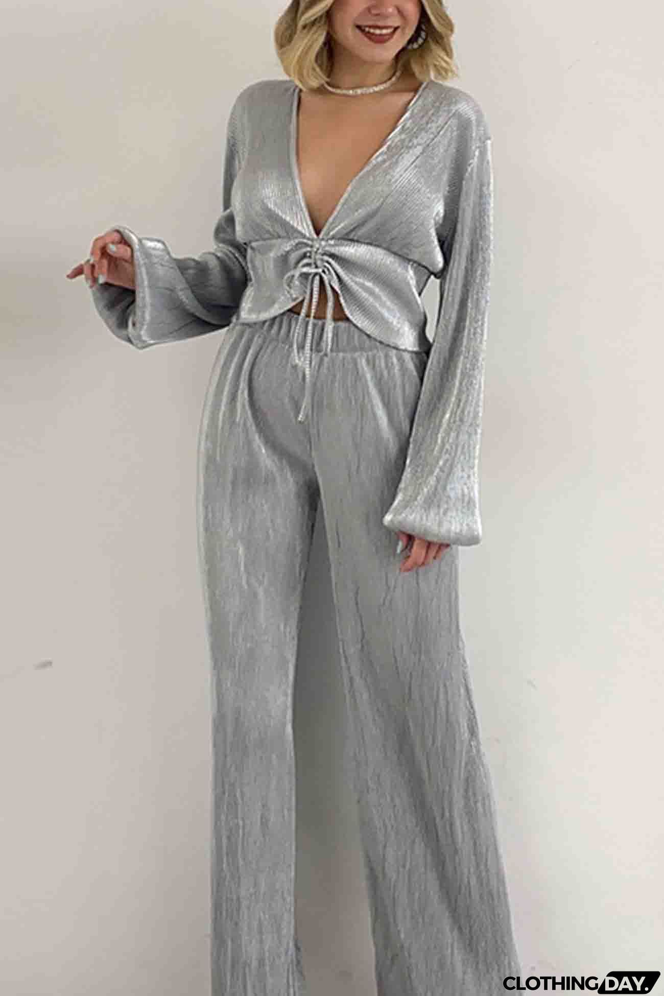 V Neck Shirring Puff Sleeve Wide Leg Pants Set