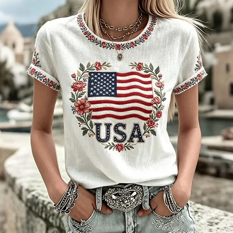 Women's Vintage Anniversary Flag Flower Art Print Crew Neck Linen Blend Casual T-shirt