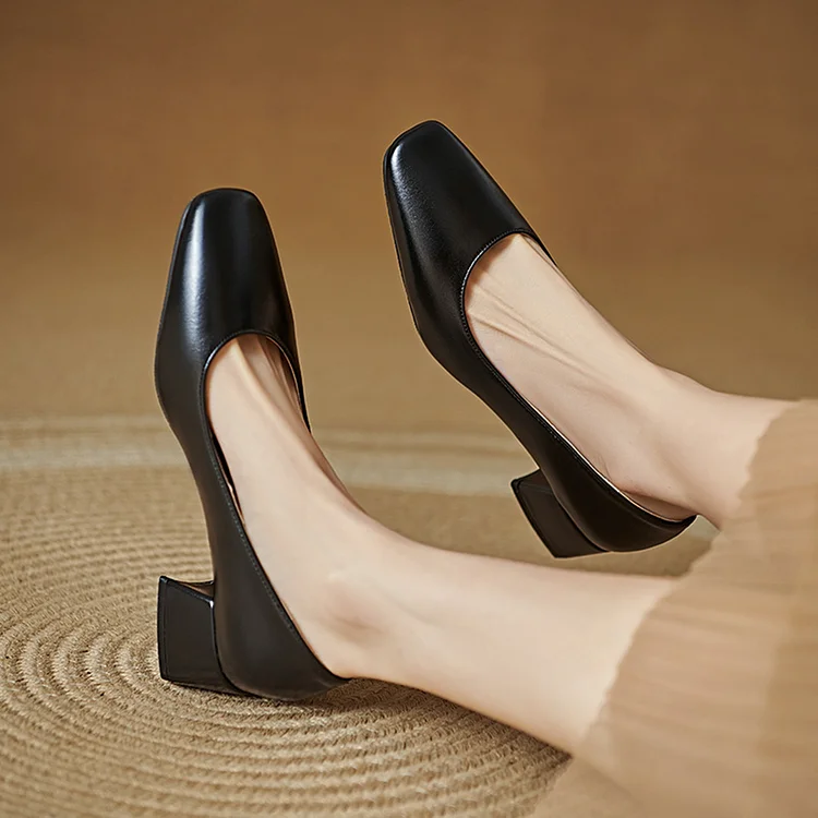 Square Toe Solid Color Elegant Slip On Chunky Heels