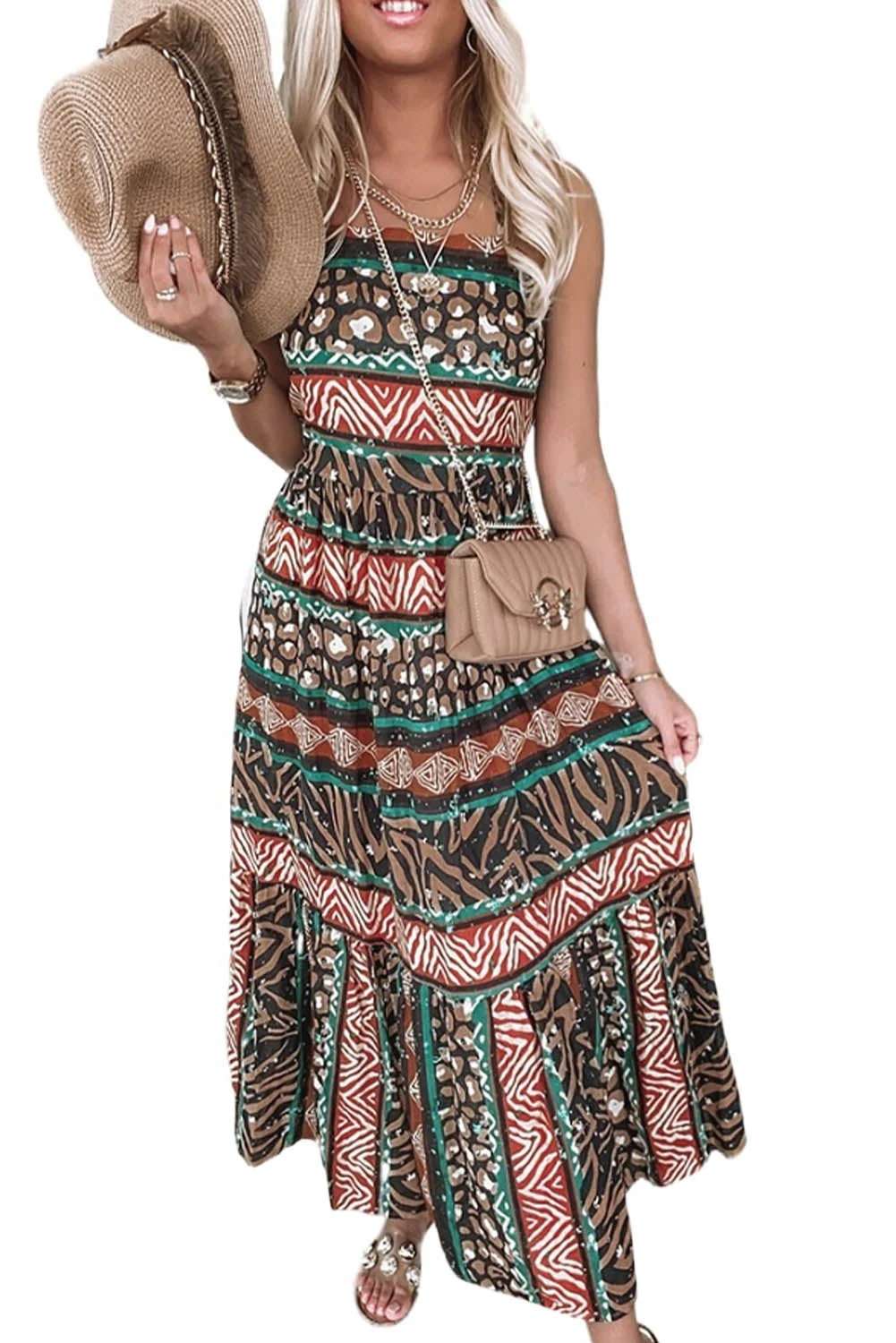 Women Multicolor Vintage Print Sleeveless Maxi Dress