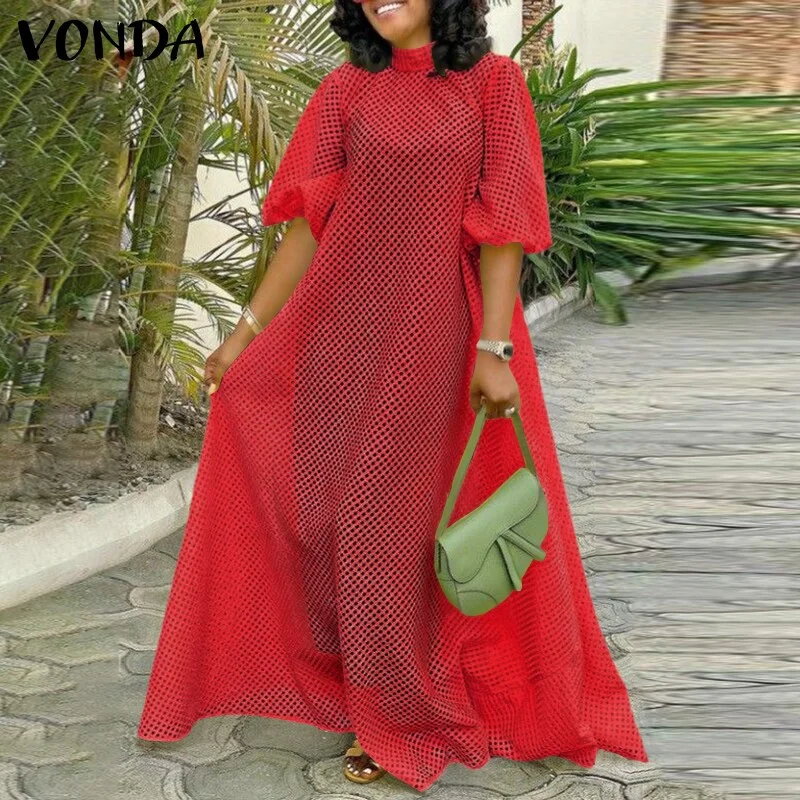 Summer Baggy Dress VONDA Women Casual O Neck Half Sleeve See Through Long Maxi Dresses Femme Pleated Puff Sleeve Beach Sundress