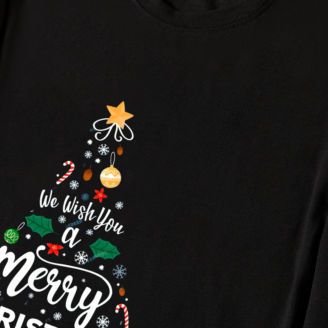 "We Wish You a Merry Christmas" Printed Pattern Black Long Sleeve Top with Red & Green & White Plaid Family Matching Pajamas