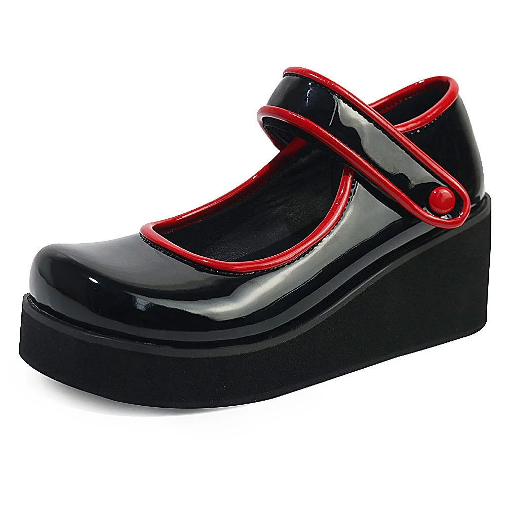 Qengg Chunky Heel Wedges Mary Janes Pumps Women Hook Loop Brand Design Goth Black Cosplay Casual Cute Heeled women's Shoes