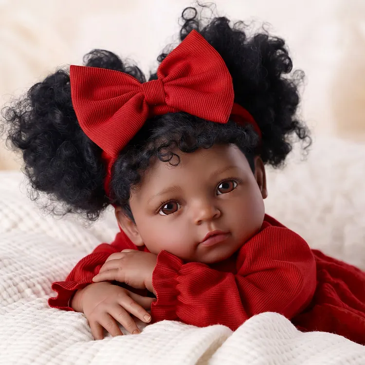 Babeside Ama 20" African American Vinyl Baby Girl Doll in Red Bow Outfit &ndash; Lifelike Reborn Baby Gift