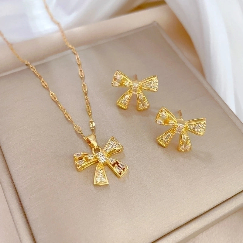 Copper Minimalist Plating Inlay Rhombus Bow Knot Zircon Jewelry Set