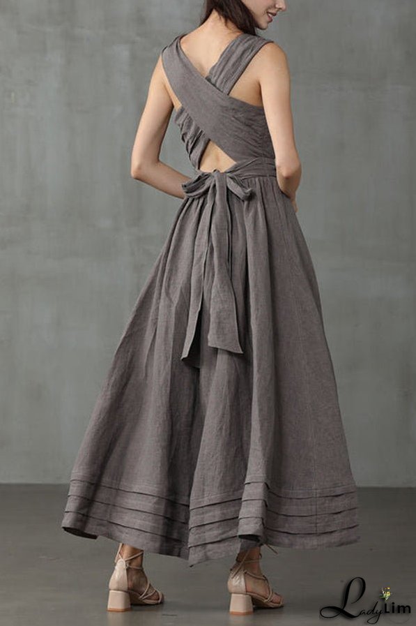Cross Back O Neck Maxi Linen Dress