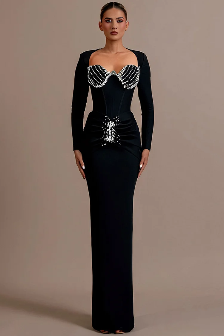 Rhinestone Embellished Ruched Long Sleeve Maxi Dress-Black