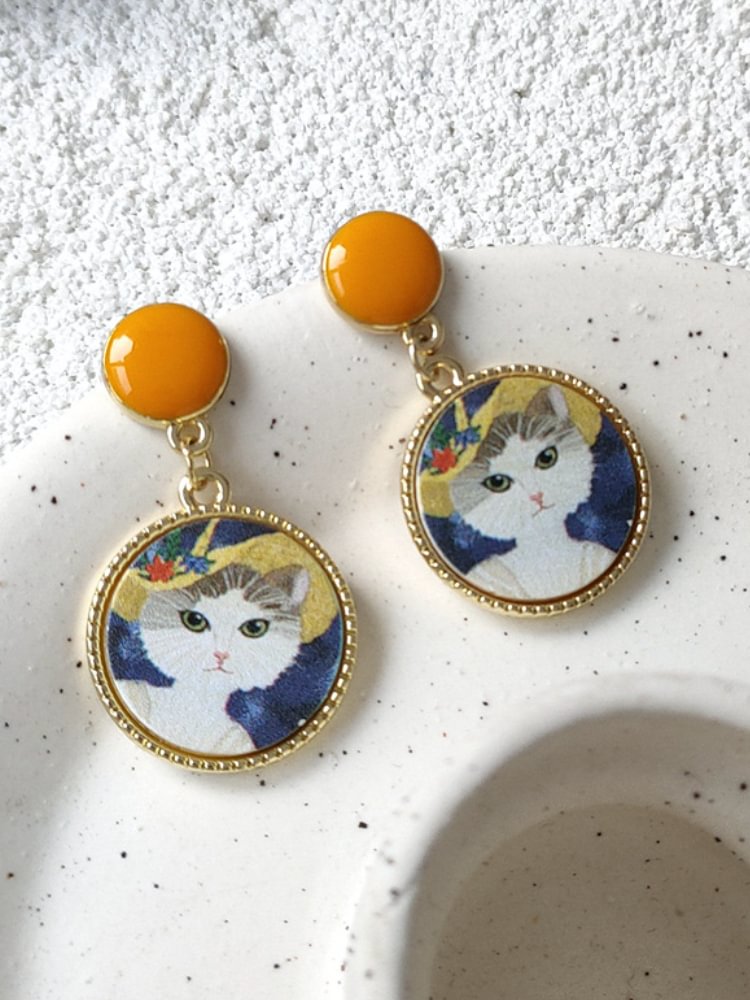 Comstylish Vintage Cat Inspired Oil Painting Earrings