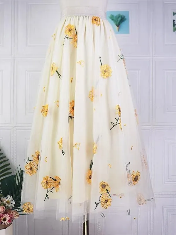 Fairy Beige High Waist Sunflower Embroidered Tulle Skirt