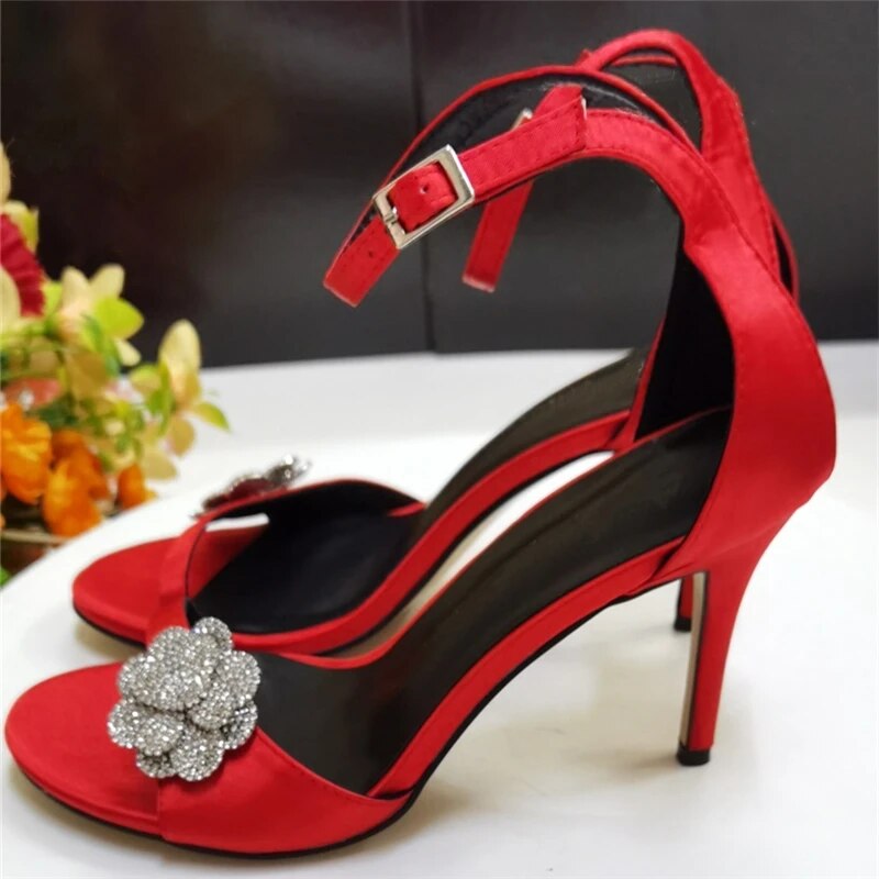 VCSHOES Crystal Flower Decor Sandals Women Stiletto Heel Fretwork Cover Heels Satin Ankle Strap Runway Shoes Woman
