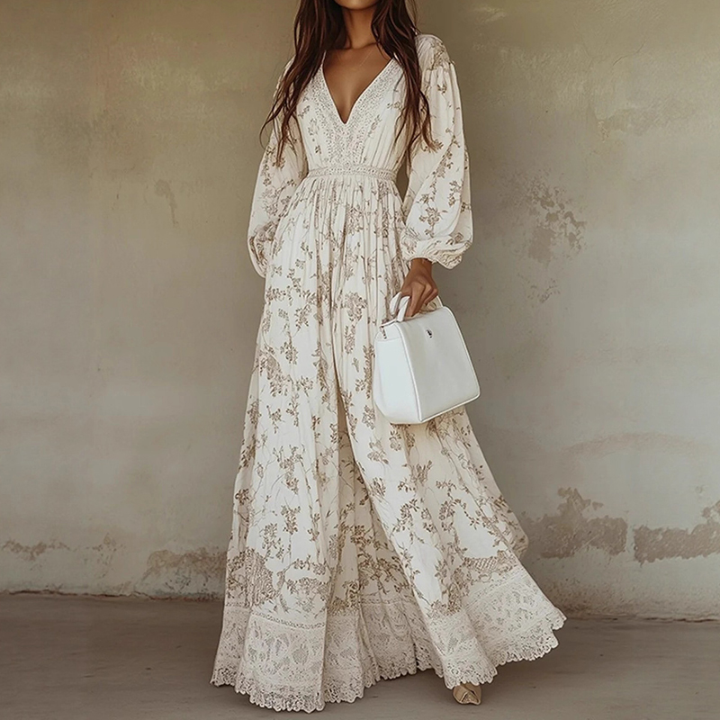 Women's Long Sleeve Printed Lace Maxi Dress elevenforest