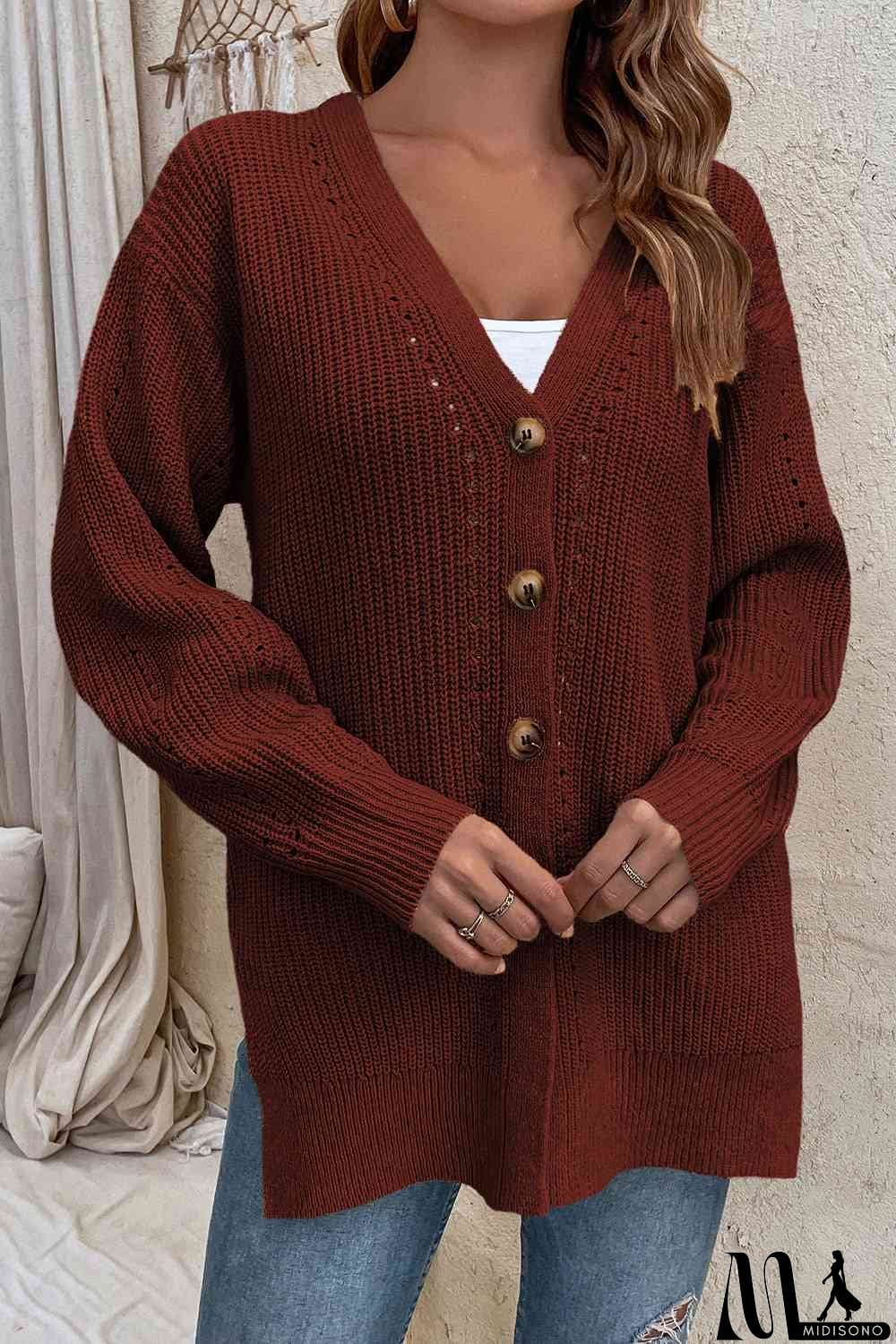 MidiSono - V-Neck Openwork Long Sleeve Cardigan