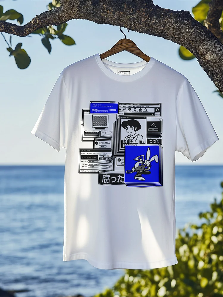 Men's Japanese Comic Computer System Print Cotton Casual T-Shirt