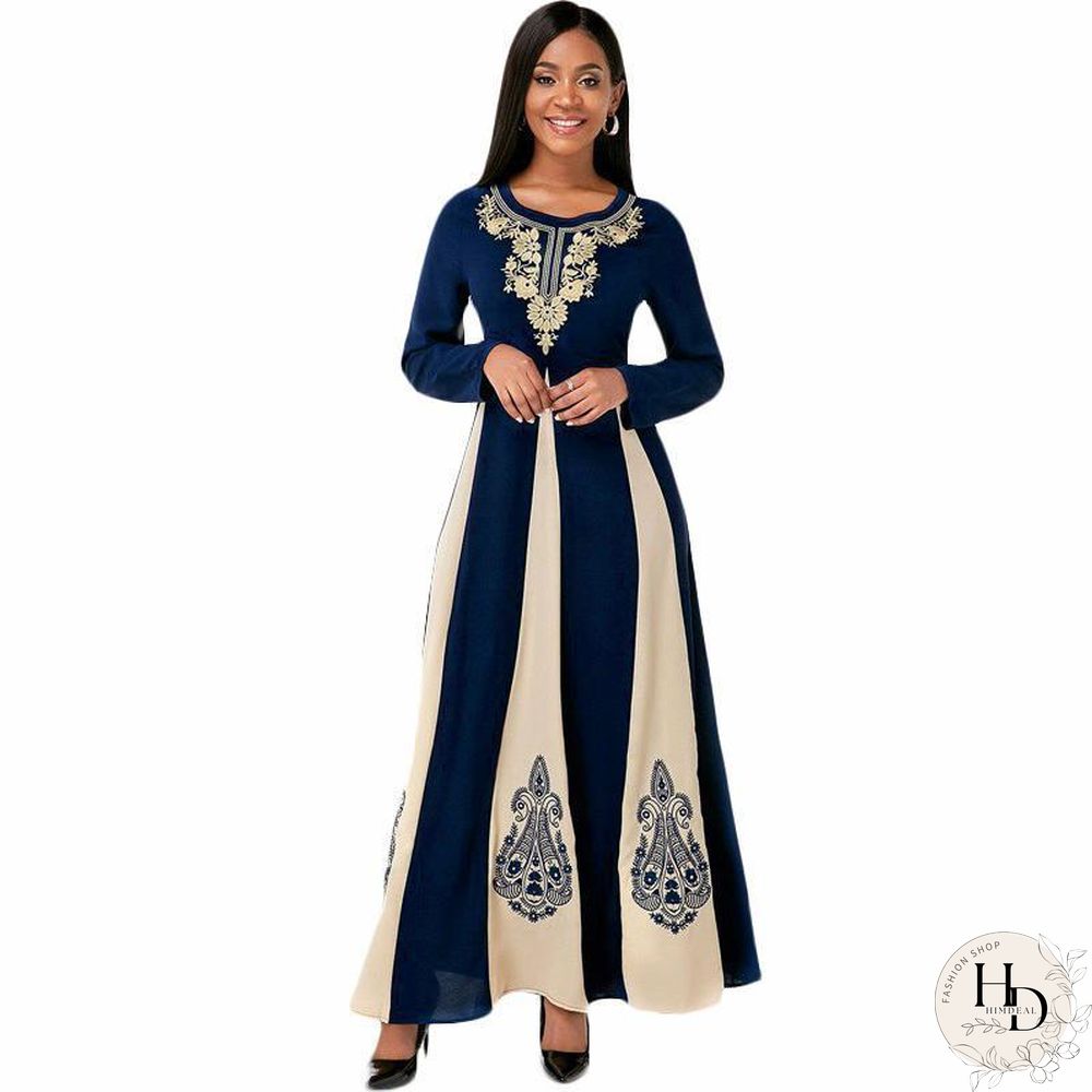 Color Joint Round Neck Women Retro Printed Long Sleeve Dress