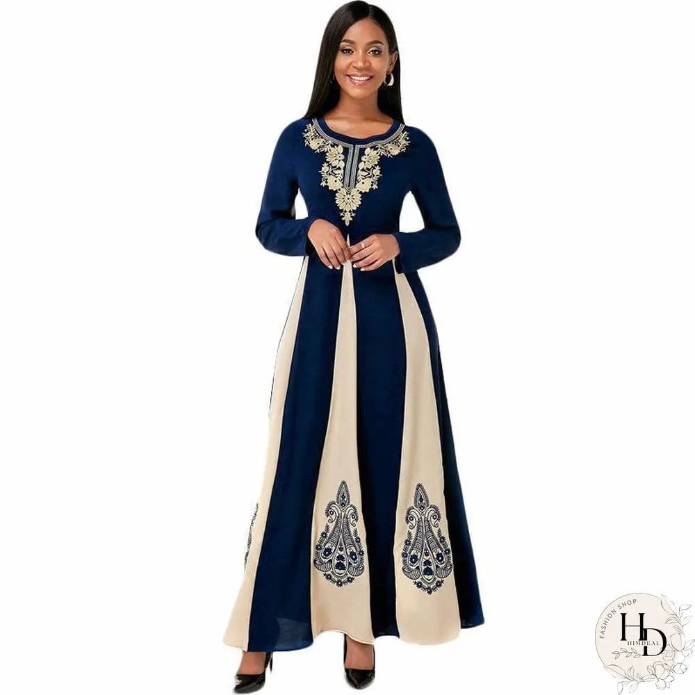 Color Joint Round Neck Women Retro Printed Long Sleeve Dress